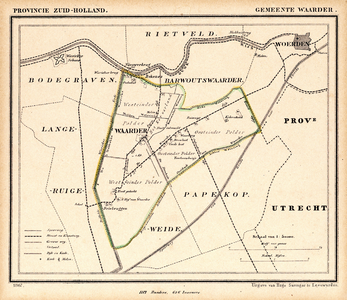 203070 Kaart van de gemeente Waarder ten zuidwesten van Woerden.Met aanduiding van de gemeentegrens in kleur.